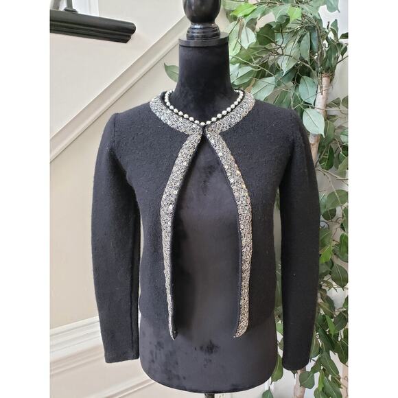 Zara Cardigan Women's Small Black Sequin Embroidered Trim 100% Wool Open Front - Picture 2 of 10